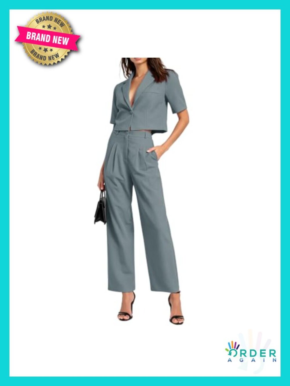Short Sleeve Cropped Blazer Wide Leg Pantsuit 2 Piece Work Office Set